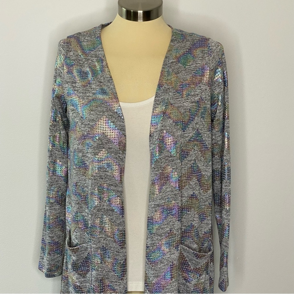 LuLaRoe Elegant Sarah Mermaid Holographic Sequin Chevron Duster